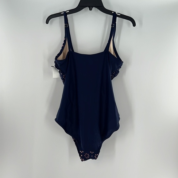 KONA SOL LASER CUT SCOOP NECK ONE PIECE NAVY PINK LARGE SWIMWEAR NEW - Picture 2 of 9